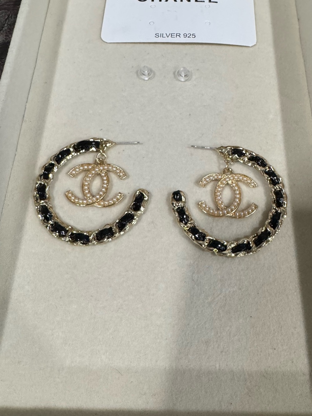 Black & gold with pearl details half hoop earrings